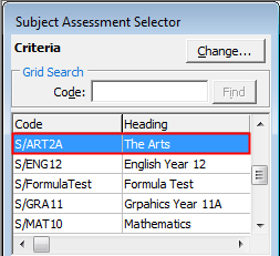 Subject Assessment Selector (subject assessment, Art example)
