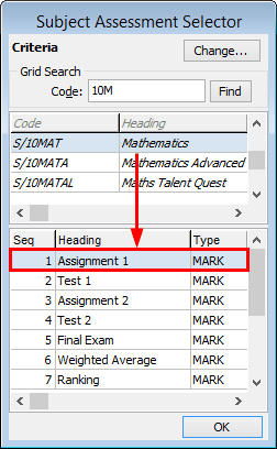 Subject Assessment Selector (subject assessment area)