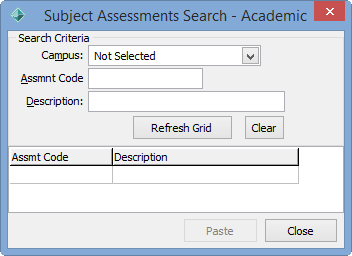 Subject Assessments Search window