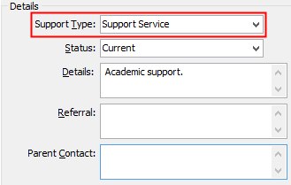 Support Type field highlighted (Services tab)
