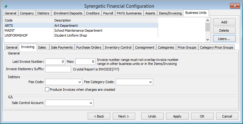 Finance Configuration Maintenance - Business Units - Invoicing sub-tab