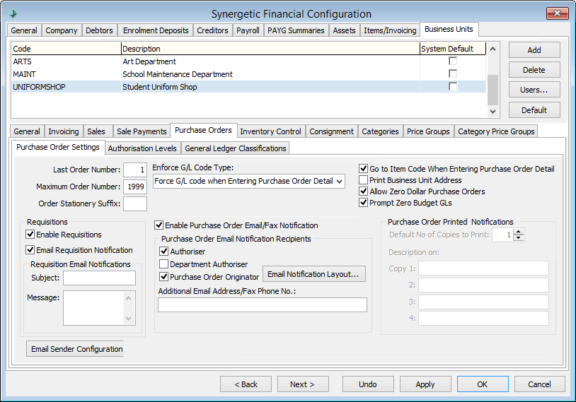Synergetic Financial Configuration - Business Units tab - Purchase Orders sub-tab