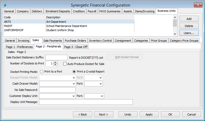 Finance Configuration Maintenance - Business Units - Sales sub-tab - Page 2 sub-sub-tab