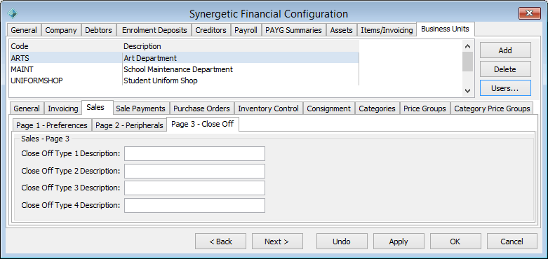 Finance Configuration Maintenance - Business Units - Sales sub-tab - Page 3 sub-sub-tab