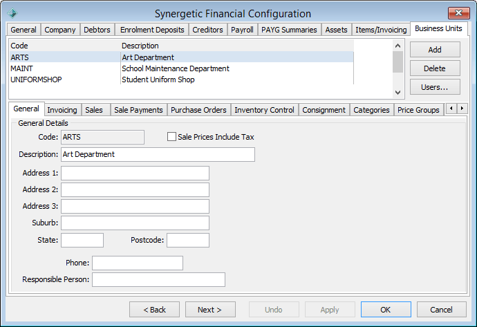 Finance Configuration Maintenance - Business Units tab