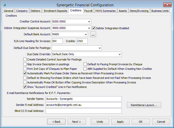 Finance Configuration Maintenance - Creditors tab