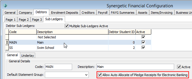 Synergetic Financial Configuration - Debtors - Sub Ledgers (Allow Auto Allocation field highlighted)