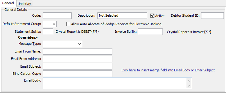 Synergetic Financial Configuration - Debtors tab - Sub Ledgers sub-tab (cut down, general tab area)