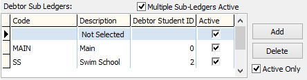 Synergetic Financial Configuration - Debtors tab - Sub Ledgers sub-tab (cut down, grid area)