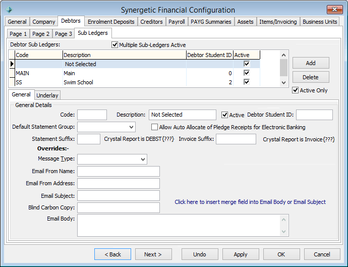 Synergetic Financial Configuration - Debtors tab - Sub Ledgers sub-tab