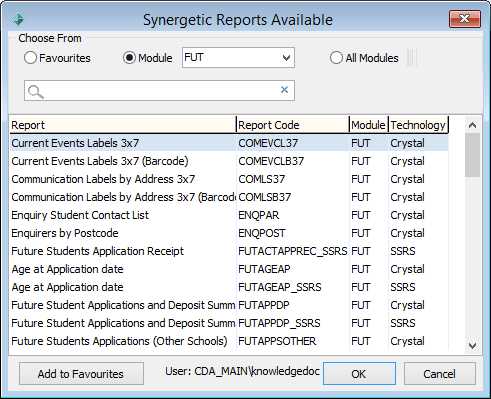 Future Student Crystal Reports Available window