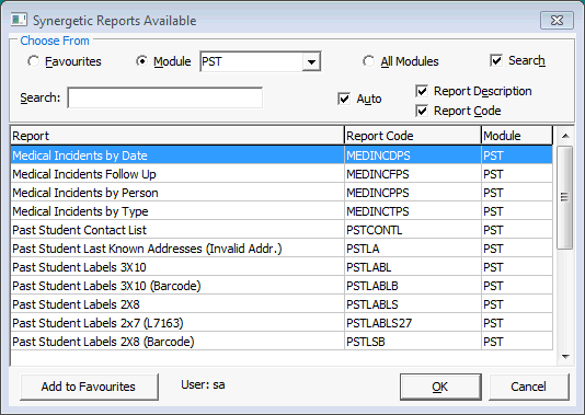 Synergetic Reports Available - Past Students (v.63)