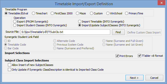Timetable Import/Export Definition window