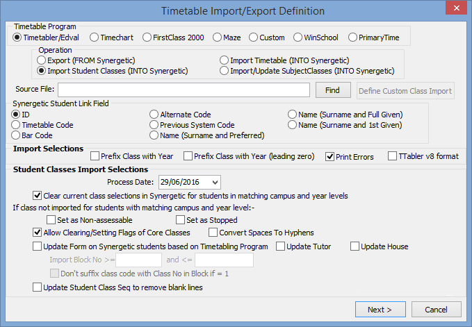 Timetable Import/Export Definition window (cut down)
