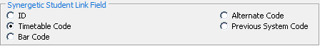 Timetable Import/Export Definition window (Synergetic Student Link Field area)