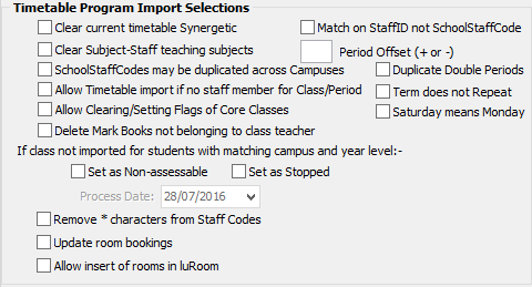 Timetable Import/Export Definition window (Timetable Program Import Selections area, WinSchool)