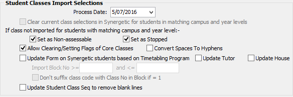 Timetable Import/Export Definition (Student Classes Import Selections area)