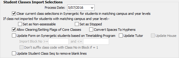 Timetable Import/Export Definition window (Student Classes Import Selections area, Time Chart 2000)