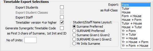 Timetable Import/Export Definition window (Timetable Export Selections, Timetabler)