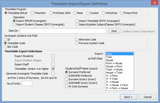 Timetable Import/Export Definition window