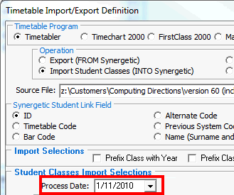 Timetable Import/Export Definition window (Process Date field)