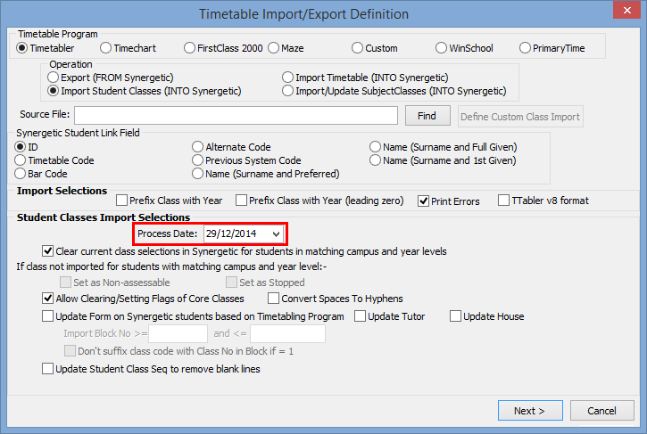 Timetable Import/Export Definition window (Process Date field)