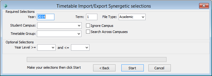 Timetable Import/Export Synergetic Selections window