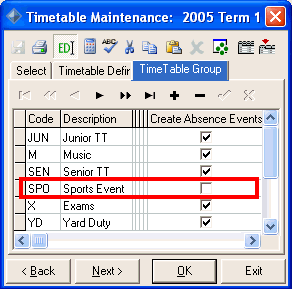 Timetable Maintenance - Timetable Group tab