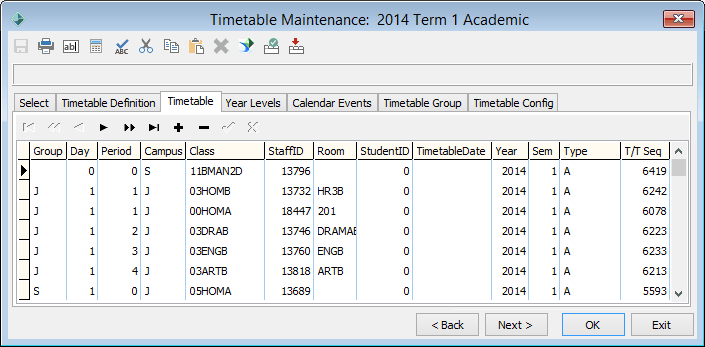 Timetable Maintenance - Timetable tab (system maintenance example)