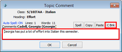 Topic Comment window (C Bnk button)
