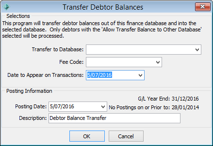 Transfer Debtor Balances window