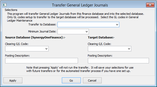 Transfer General Ledger Journals window