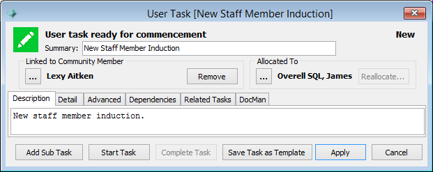 User Task window (linked task)