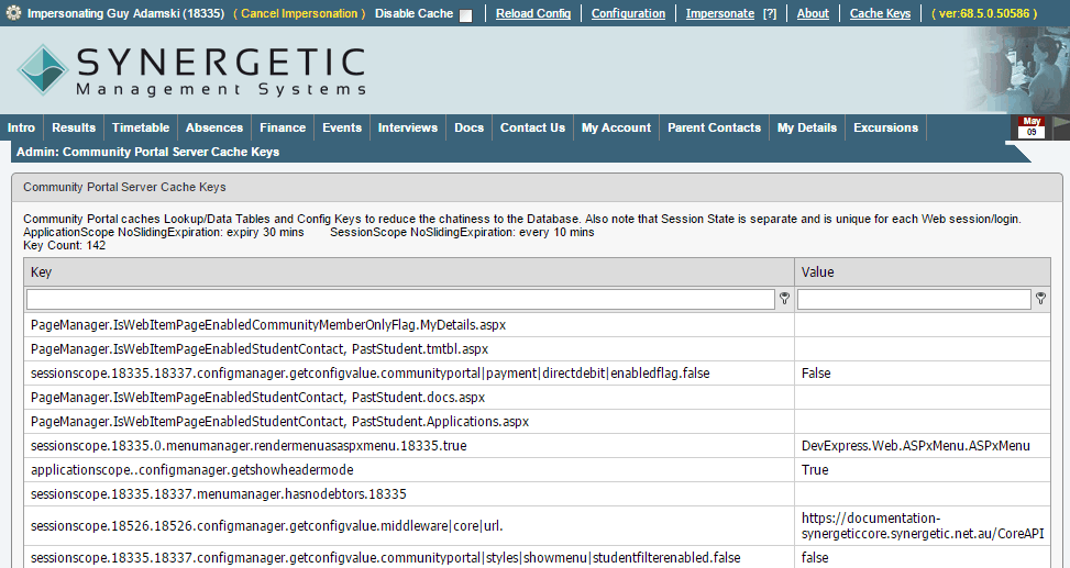 Community Portal Server Cache Keys widnow
