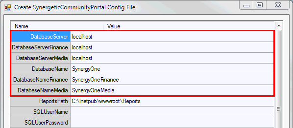 Create SynergeticCommunityPortal Config File window (database highlighted)