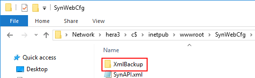 Windows Explorer - navigate to the SynwebCfg directory (Xml backup folder highlighted)