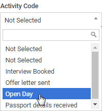 Activity Code drop-down list (Open Day selected)