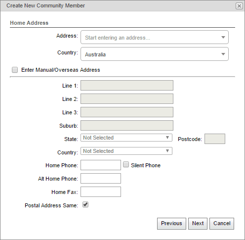 Create new community member - Home Address window (synweb)