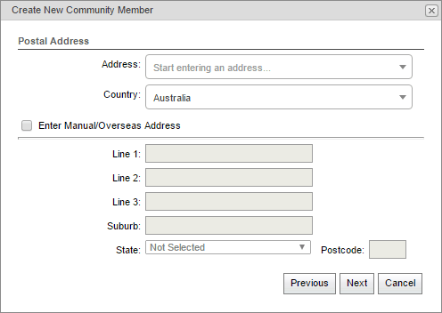 Create New Community Member - Postal Address window (synweb)