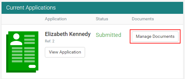 Current applications area (Manage documents button highlighted)