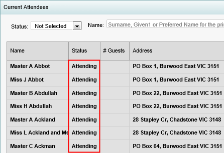 Current attendees tab (grid area, statuses updated, synweb)