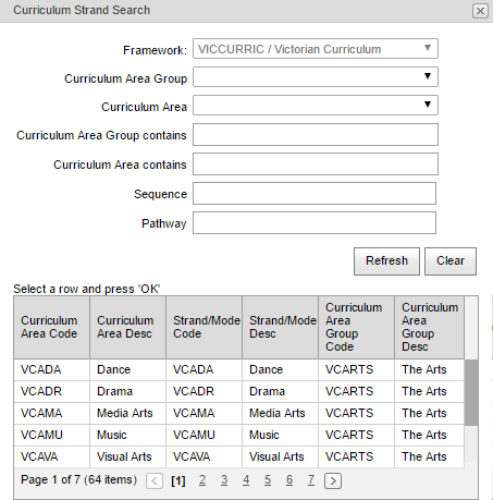 Curriculum Strand Search window