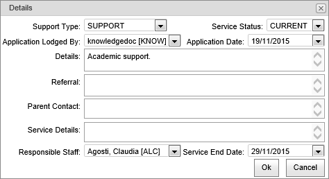 Details window (Student Maintenance - Services tab, synweb)