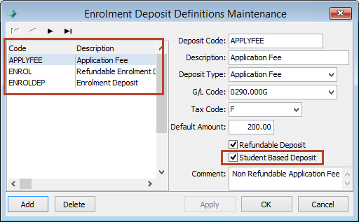 Enrolment Deposit Definitions Maintenance (Select enrolment deposit field)