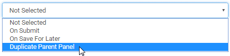 Event action drop-down list (Duplicate parent panel selected)