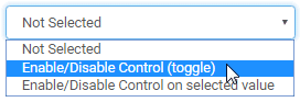Event action drop-down list (Enable control on value, toggle, selected)