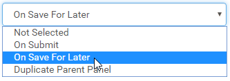 Event action drop-down list (On save for later selected)