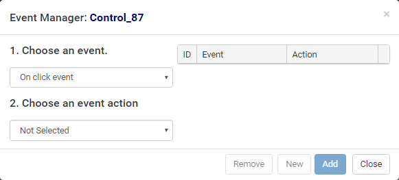 Event Manager window (Event action drop-down list active)