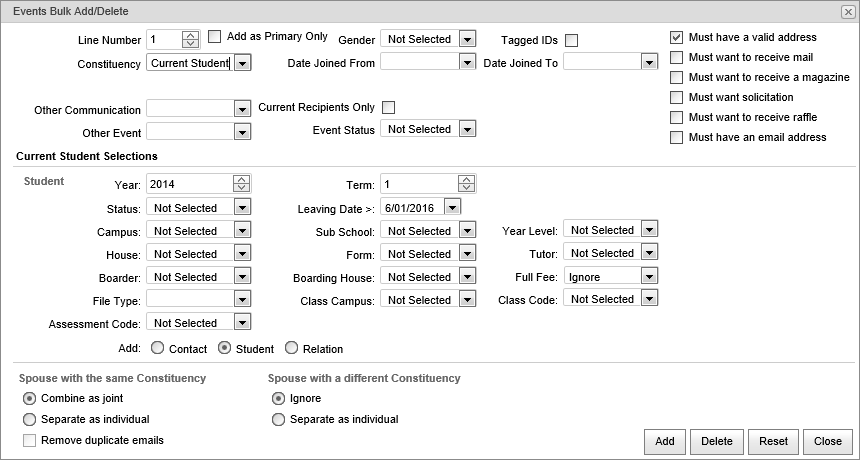 Events BulkAdd-Delete (current student, synweb)