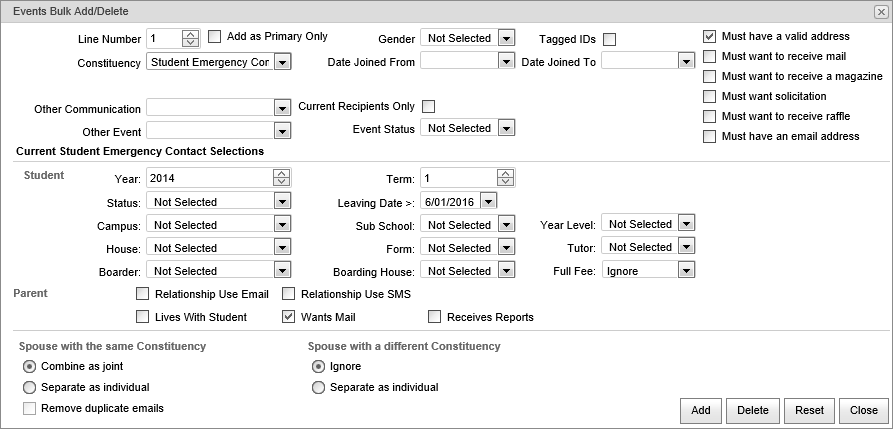 Events BulkAdd-Delete (current student emergency contact, synweb)